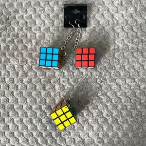 Rubic’s Cube Necklace & Earrings Set